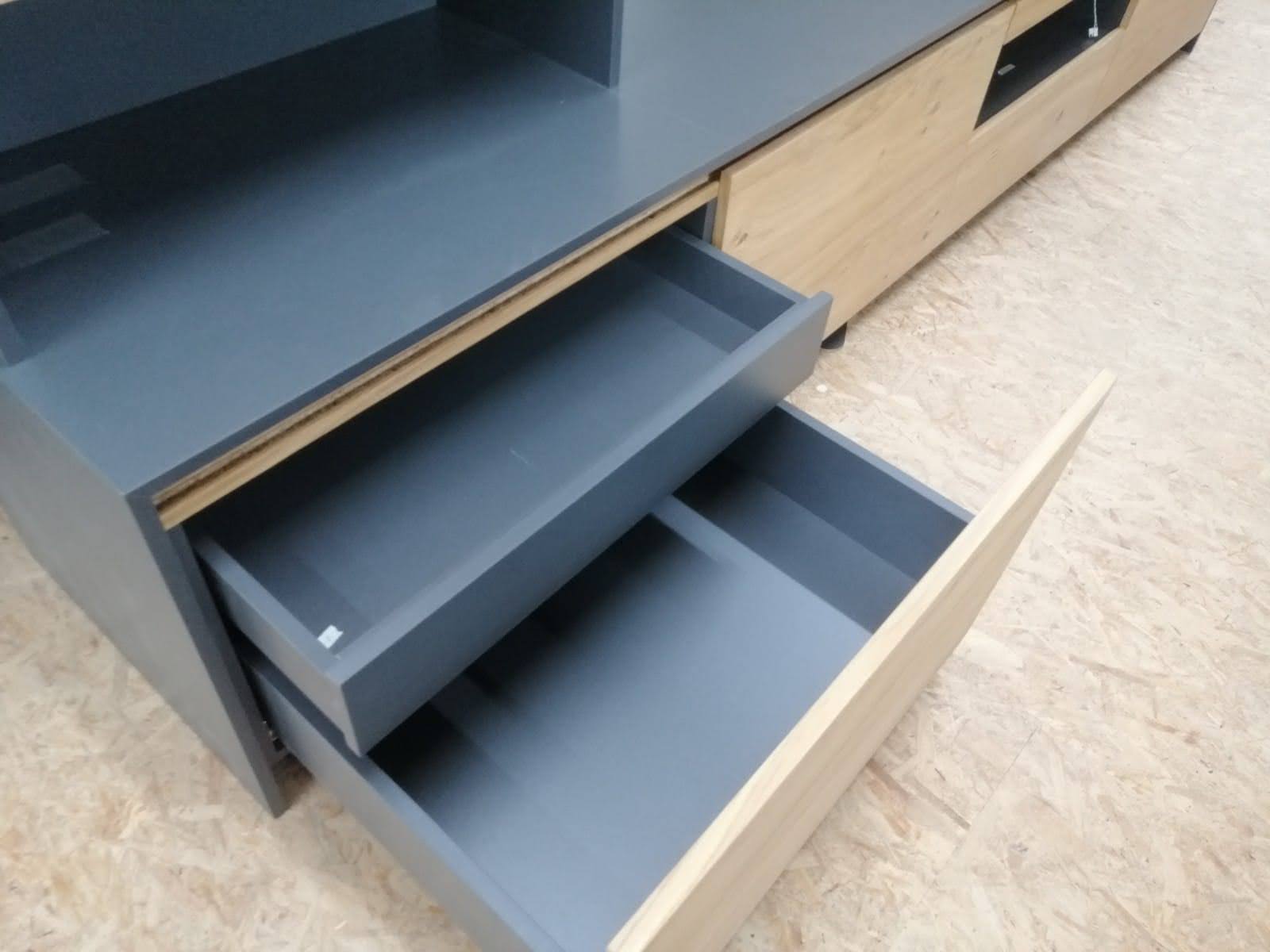 Detail of the drawers and compartments in oak and anthracite