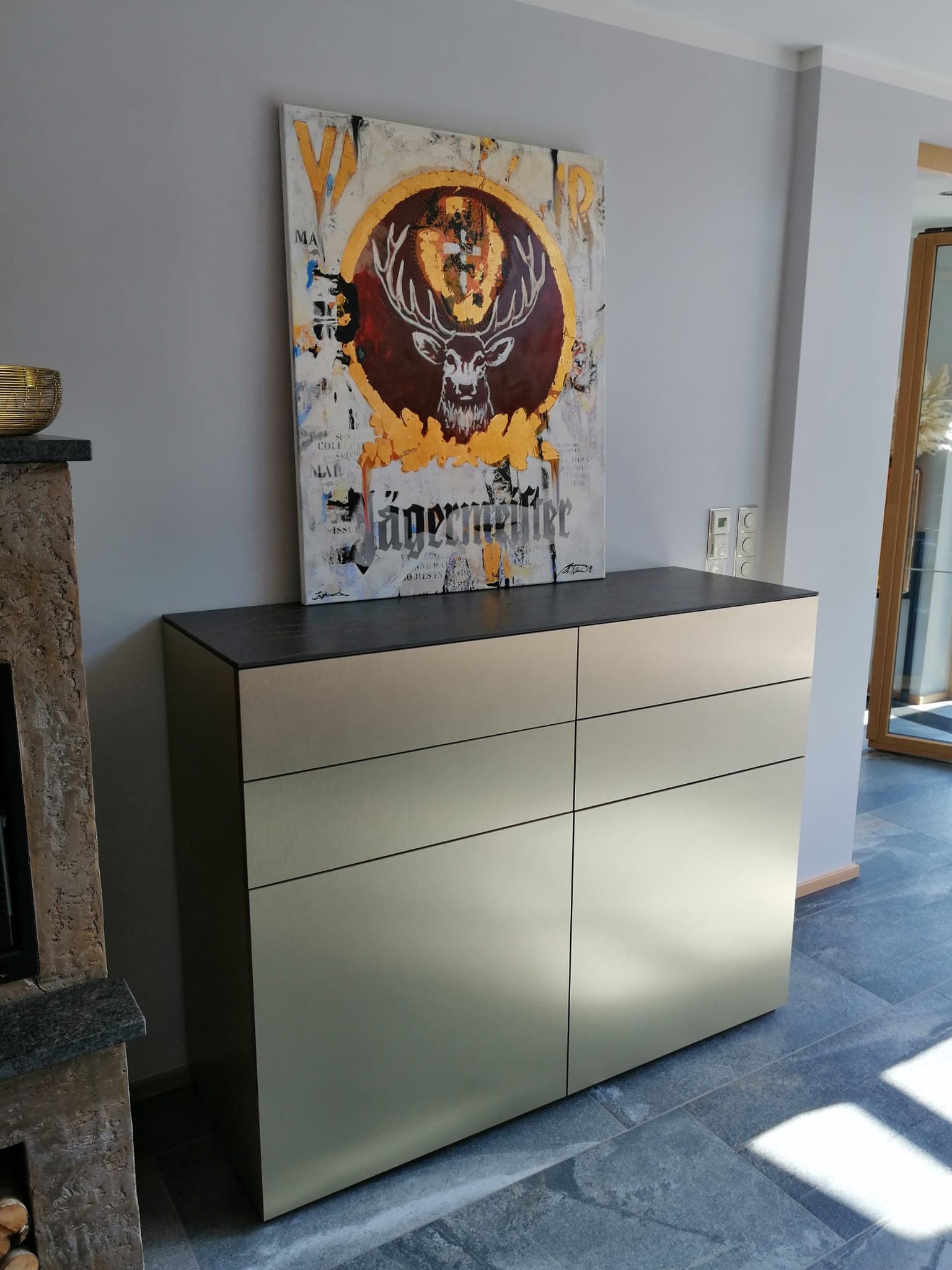 High-quality sideboard with gold finish and walnut, made by Lauer-Seele